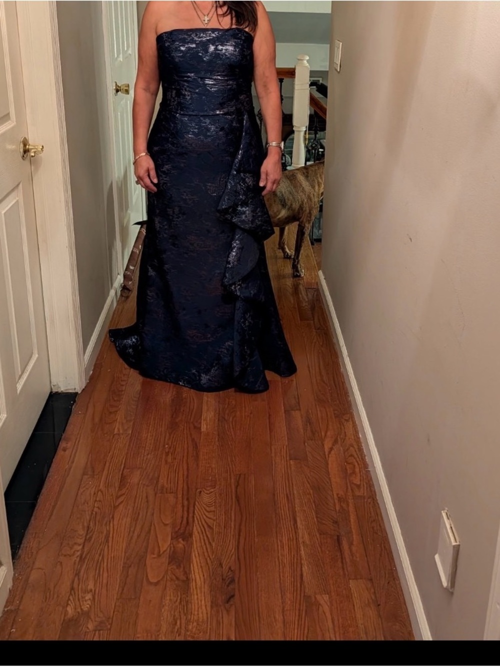 Jovani Strapless Navy Jacquard Evening Gown size 14 altered to an 8/10